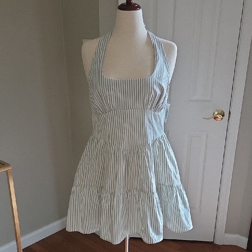 Women's wild fable Tiered A Line Striped Halter Dress Green And White NWT